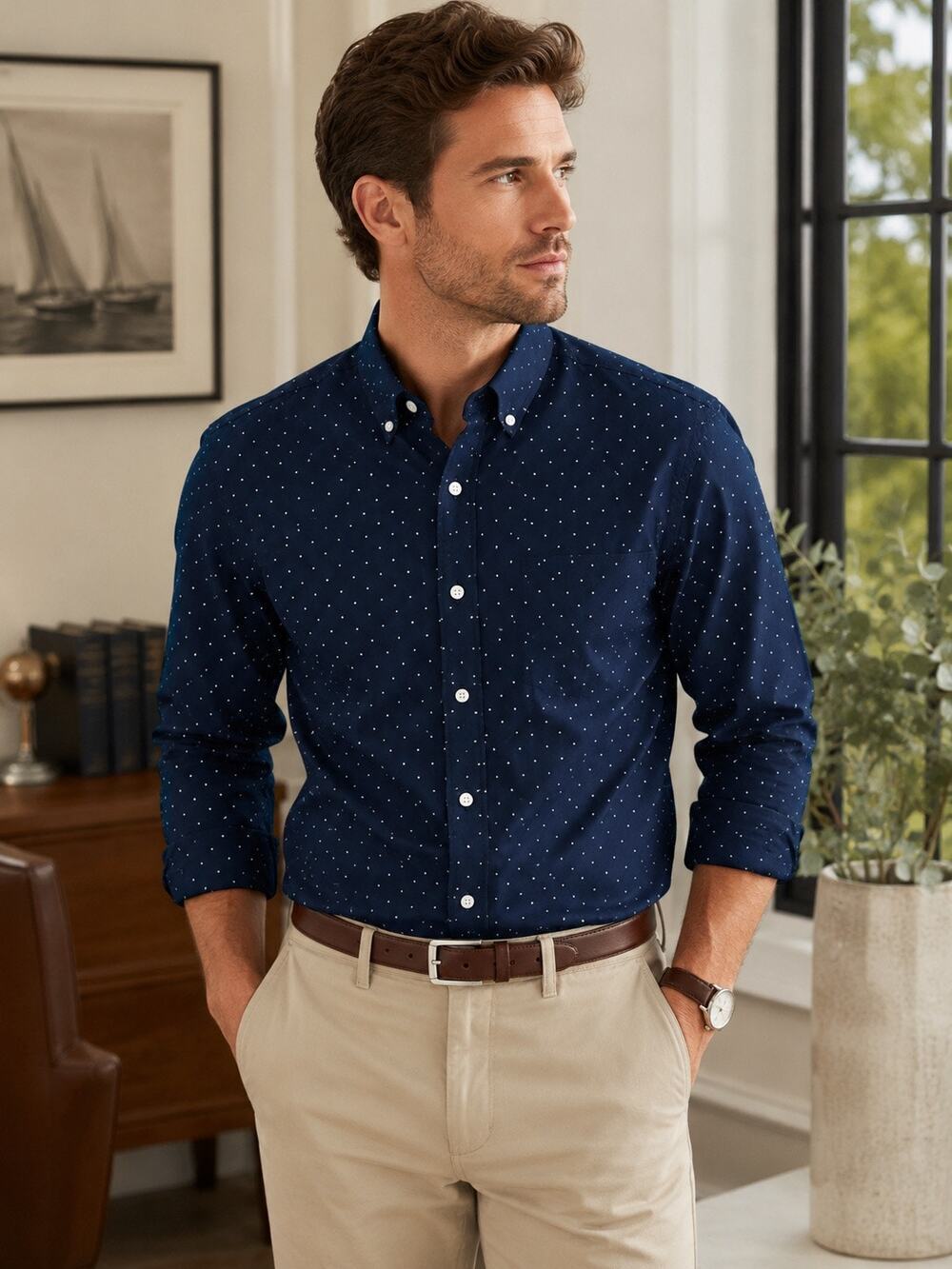 Banana Republic Camden Fit Polka Dot Button Down Shirt M Blue 100% Cotton Casual